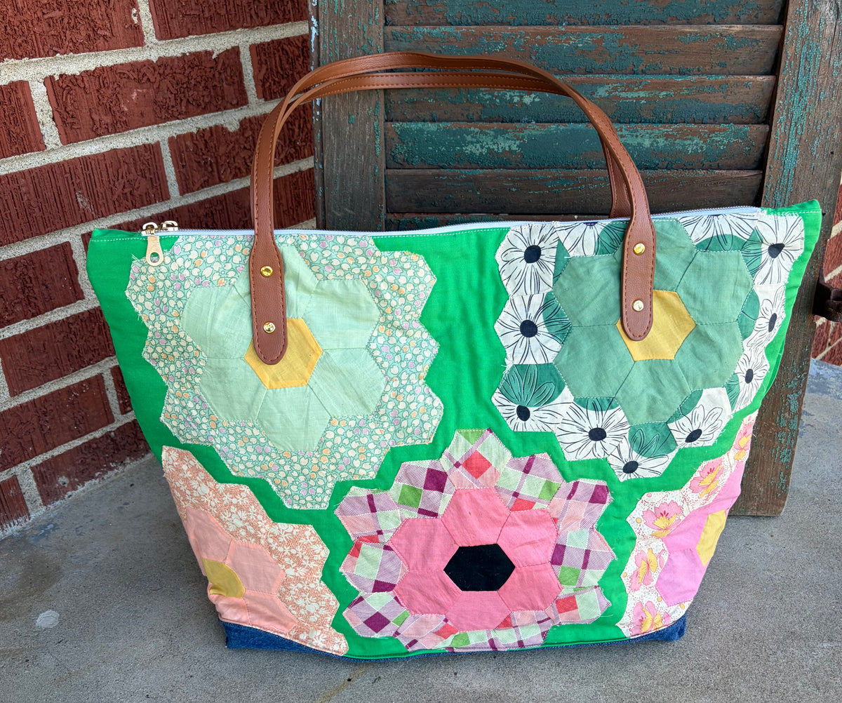 Handmade Vintage Quilt Tote Bag Grandmother's Flower Garden